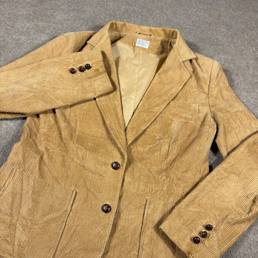 Vintage Tan Corduroy Blazer Jacket Womens Size 14 Cotton Two Button Tan Brown